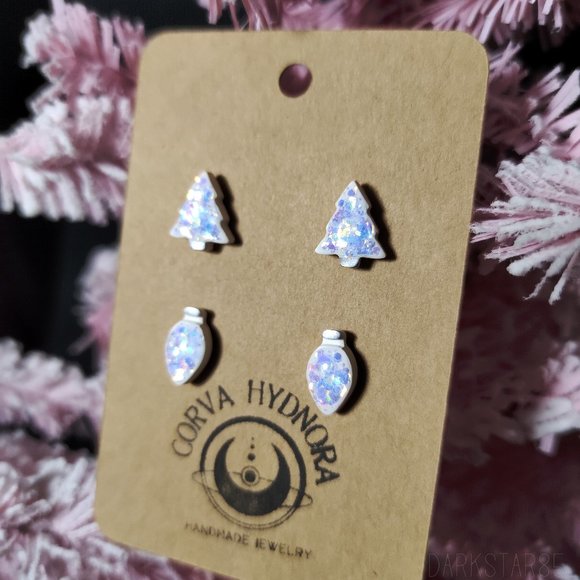 Handmade Polymer Clay Mini Christmas Tree and Bulb Stud Earrings .5" - Picture 3 of 5